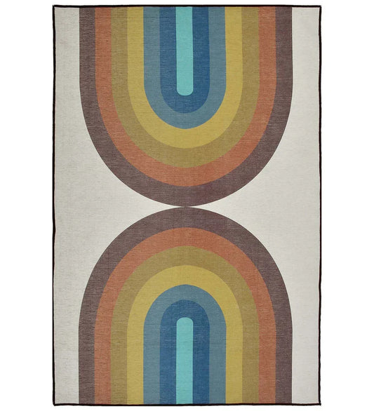 Retro rainbow geometric arch rug with vibrant colors.