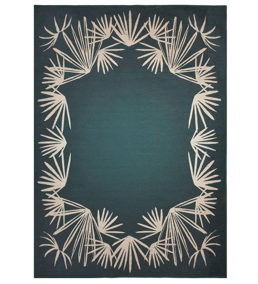 Rich teal area rug with deep jewel tones.