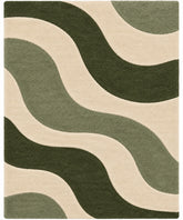 A square area rug with a modern abstract wavy pattern in olive green, sage green, and cream.