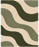 A square area rug with a modern abstract wavy pattern in olive green, sage green, and cream.