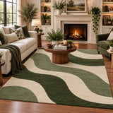 Green and cream 8x10 rectangular wool area rug for living room with flowing wavy pattern