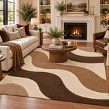 Brown and cream abstract wool area rug with flowing waves for a living room, 8x10 size