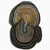 Round rug with concentric circle pattern in brown, blue, and beige on a white background
