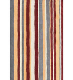 Rust red, mustard, and gray hand-tufted wool rug with modern vertical stripes.
