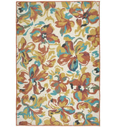 Rust and mustard floral watercolor style rug for bohemian spaces.