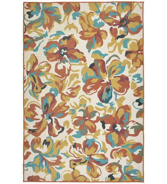 Rust and mustard floral watercolor style rug for bohemian spaces.
