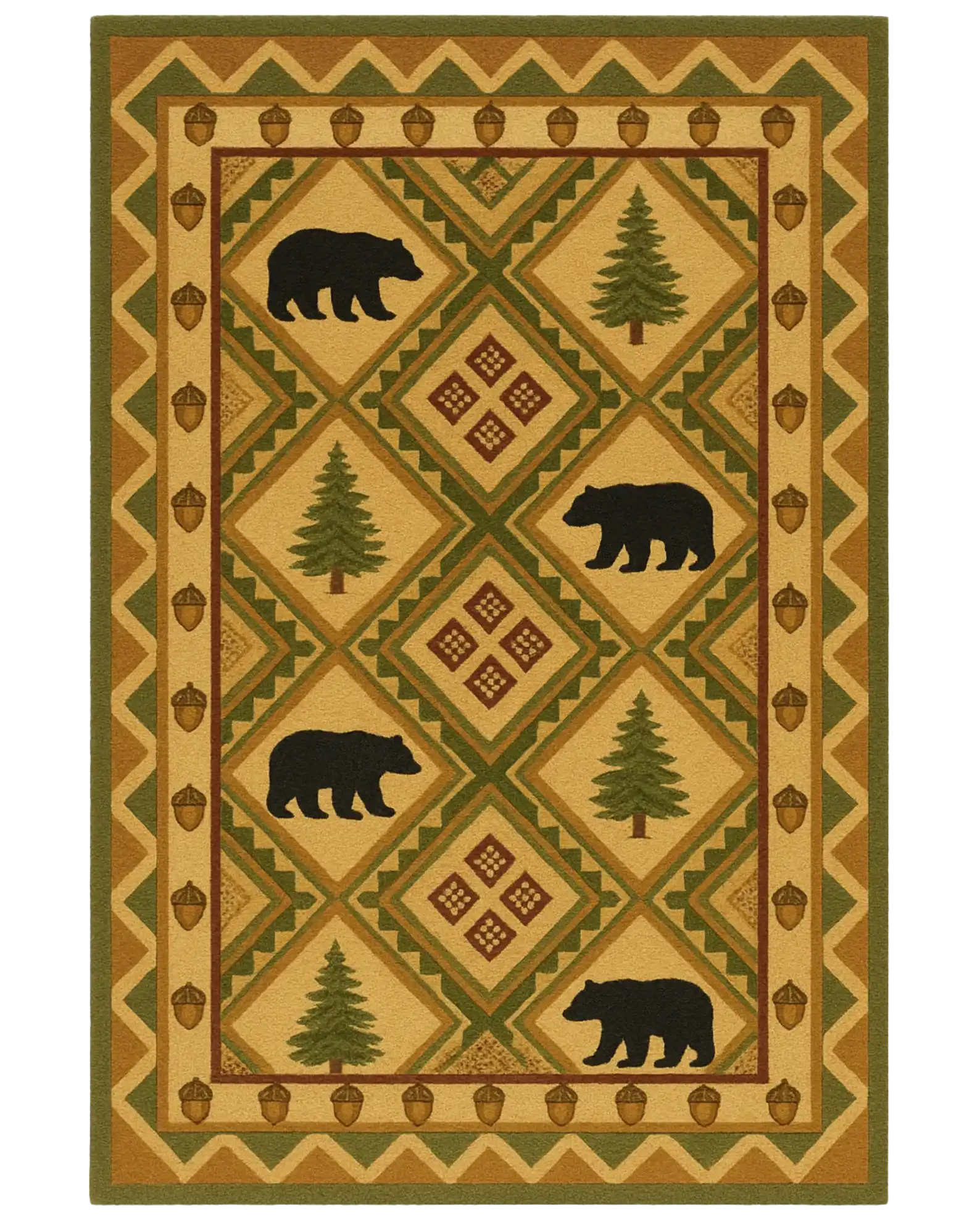 Rustic beige and green hand-tufted wool cabin rug with bear and pine design.