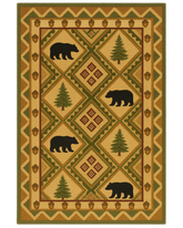 Rustic beige and green hand-tufted wool cabin rug with bear and pine design.