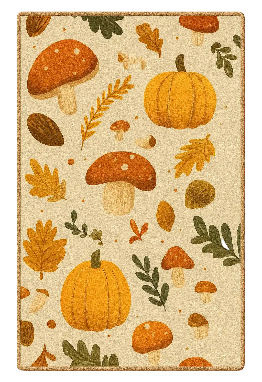 Rustic farmhouse rug with autumn pumpkins, mushrooms, and fall leaves in warm earthy tones