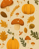 Rustic farmhouse pattern with pumpkins, orange mushrooms, acorns, and autumn leaves on beige background