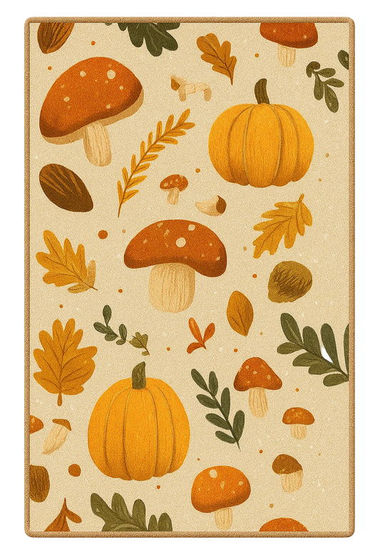 Pumpkin and mushroom fall harvest rug in orange and green tones.