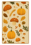 Rustic farmhouse rug with autumn pumpkins, mushrooms, and fall leaves in warm earthy tones