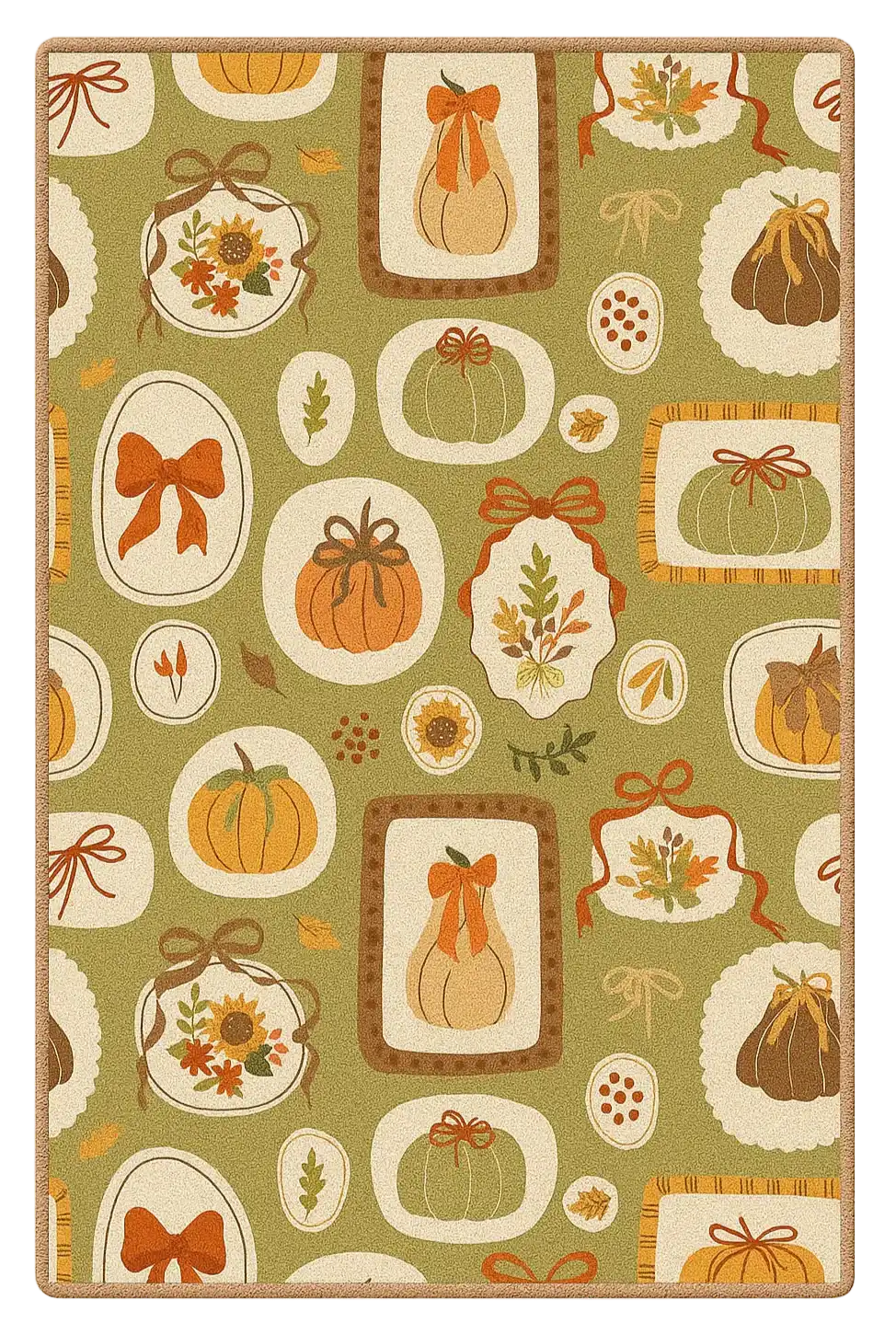 Autumn-themed harvest rug with framed pumpkins, fall leaves, and bows on a green background