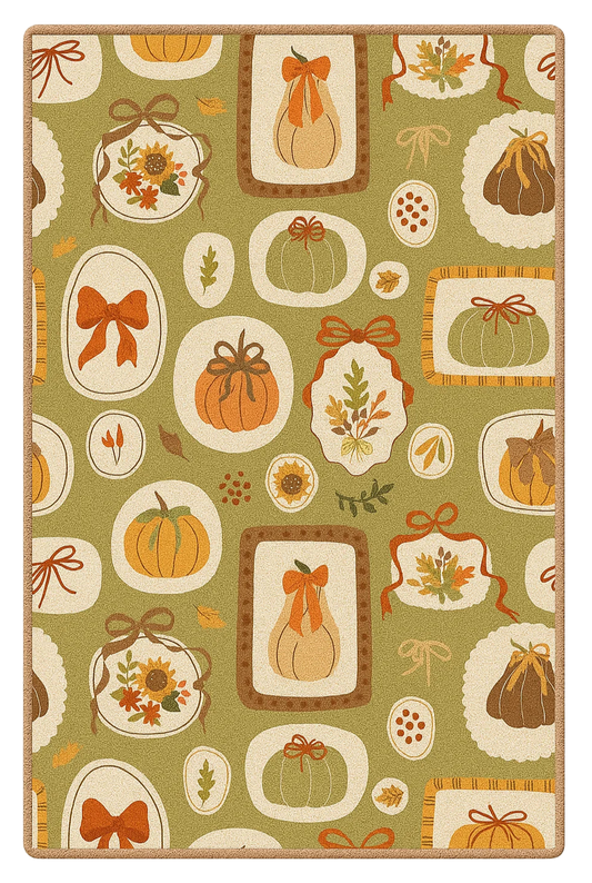 Harvest rug with pumpkins, bows, and leaves on green background.