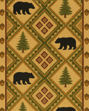 Beige and green cabin rug with black bear and lodge-inspired pattern.