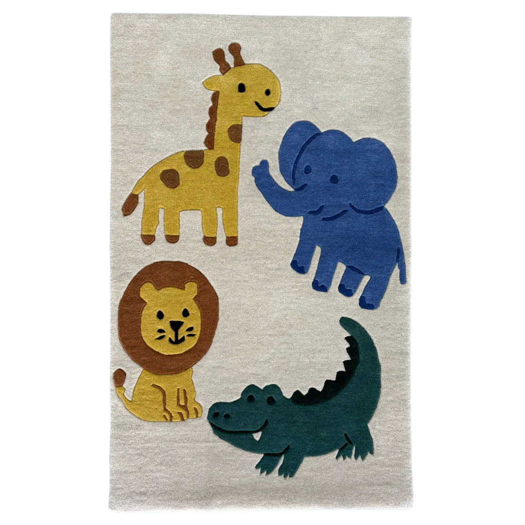 Children's rug with cartoon animals including a giraffe, elephant, lion, and crocodile on a beige background.