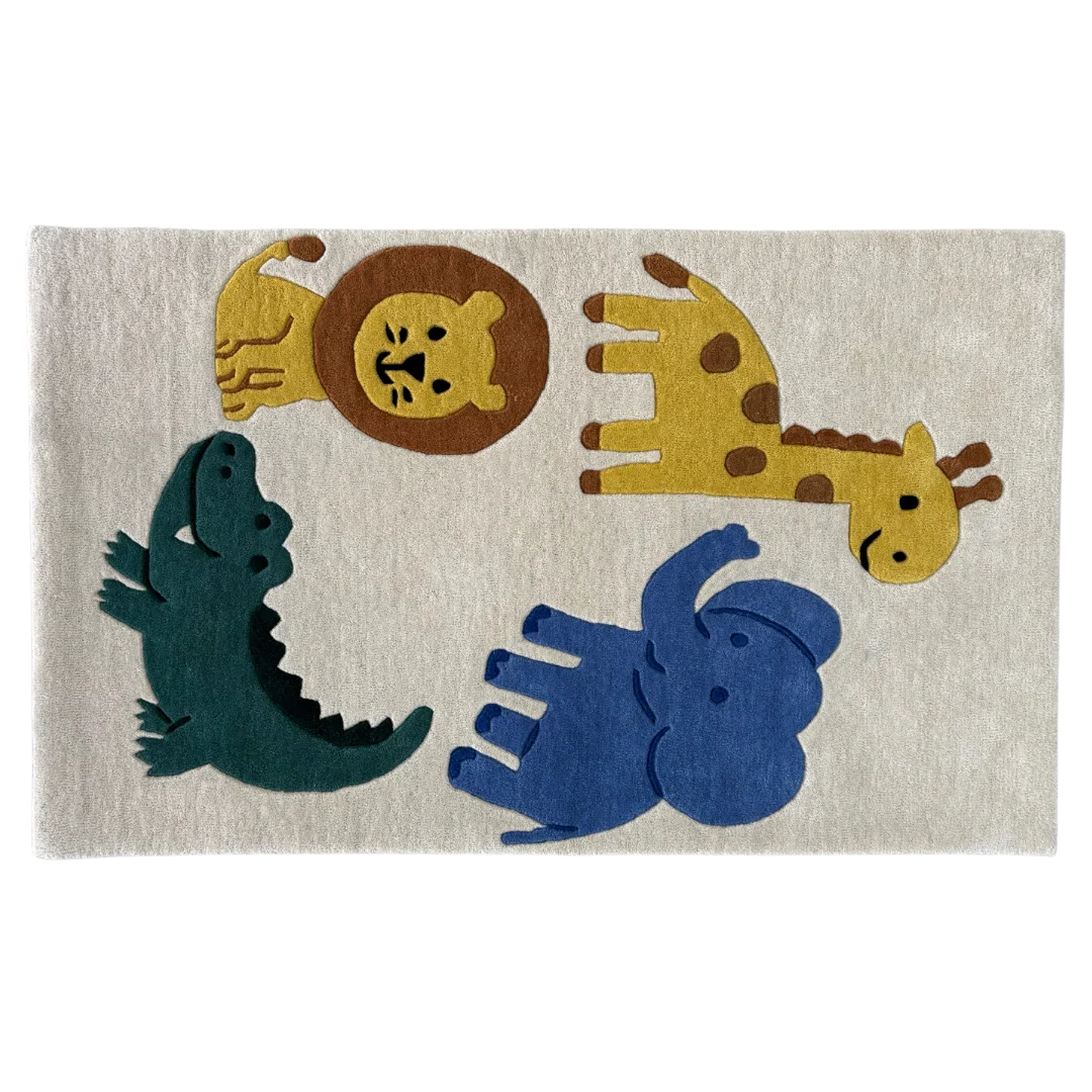 Children's rug with colorful animal illustrations on a beige background