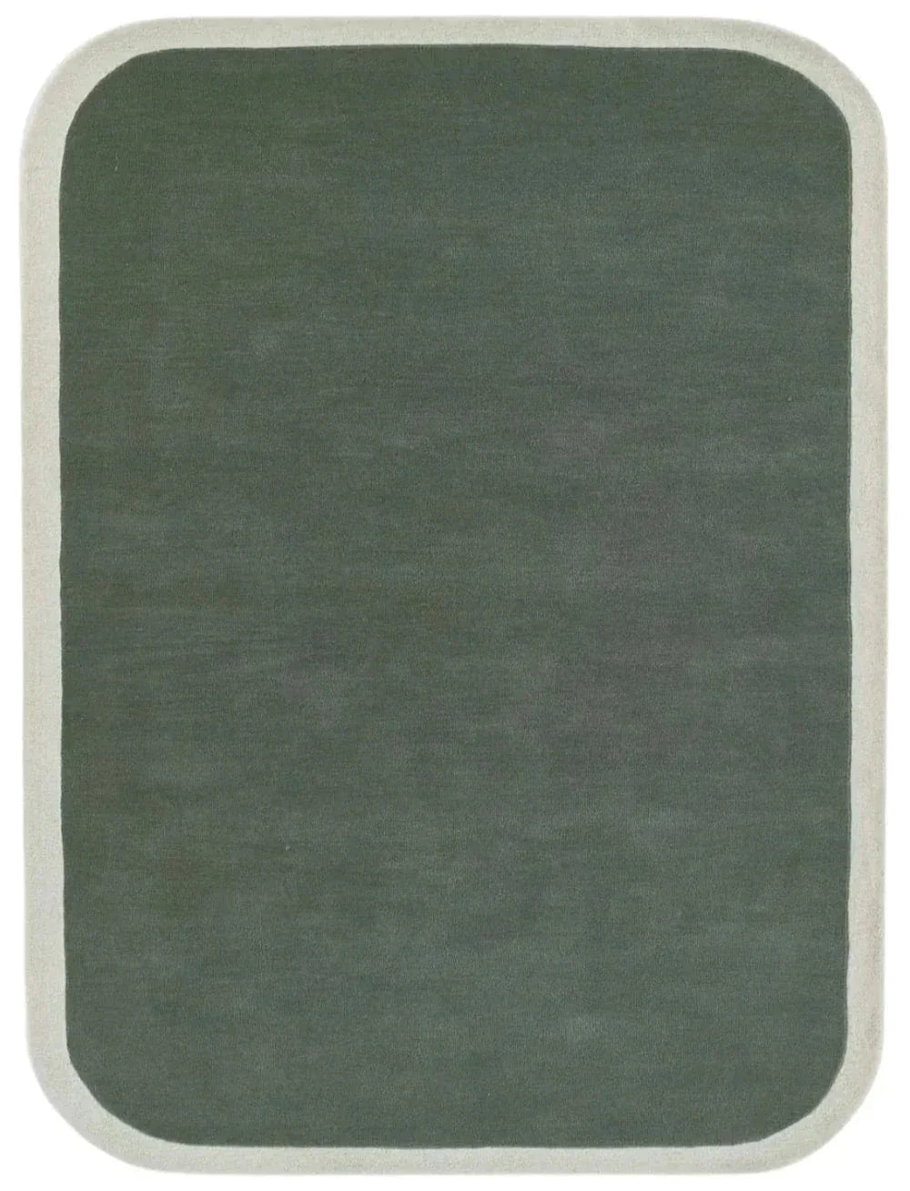 Sage green solid hand tufted wool area rug with cream border.