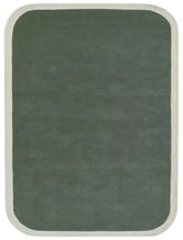 Sage green solid hand tufted wool area rug with cream border.
