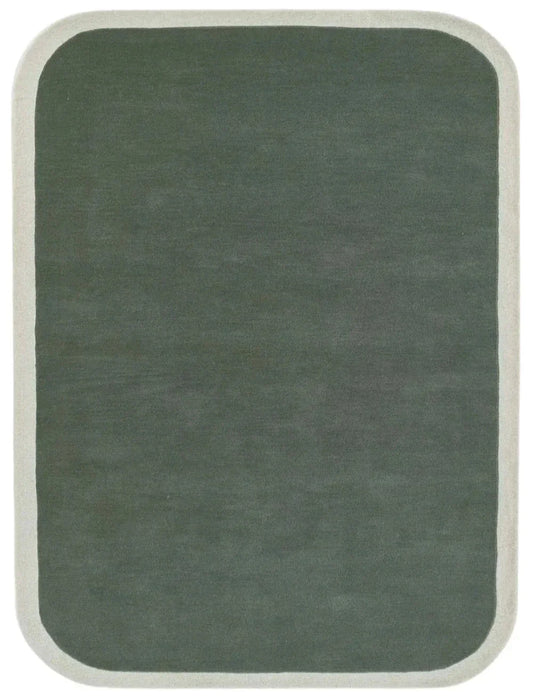 Sage green solid hand tufted wool area rug with cream border.