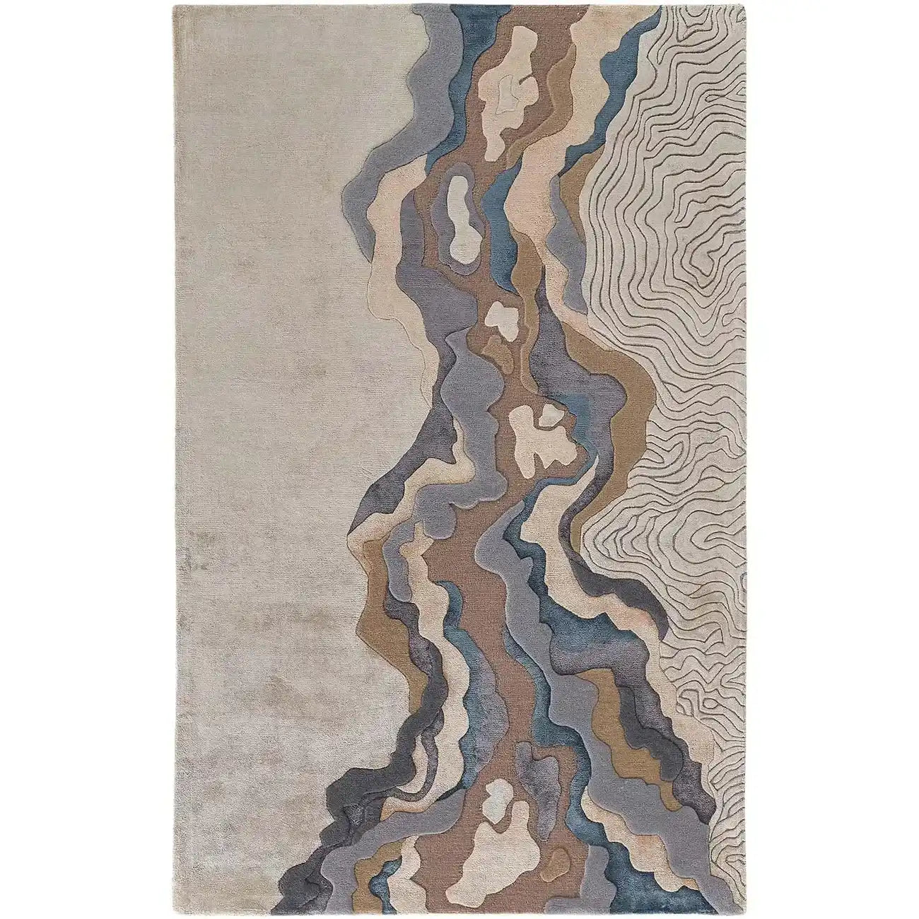 Hand-tufted luxury rug with abstract ripple and contour line design in neutral browns, blues, and grays