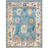 Hand-knotted sky blue Oushak wool rug with traditional floral patterns