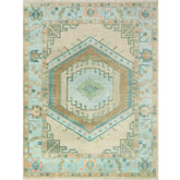 Hand-knotted soft blue Oushak rug with geometric medallion design