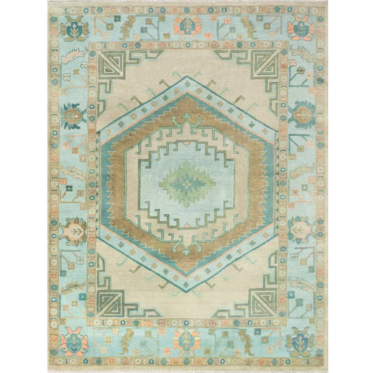 Hand-knotted soft blue Oushak rug with geometric medallion design