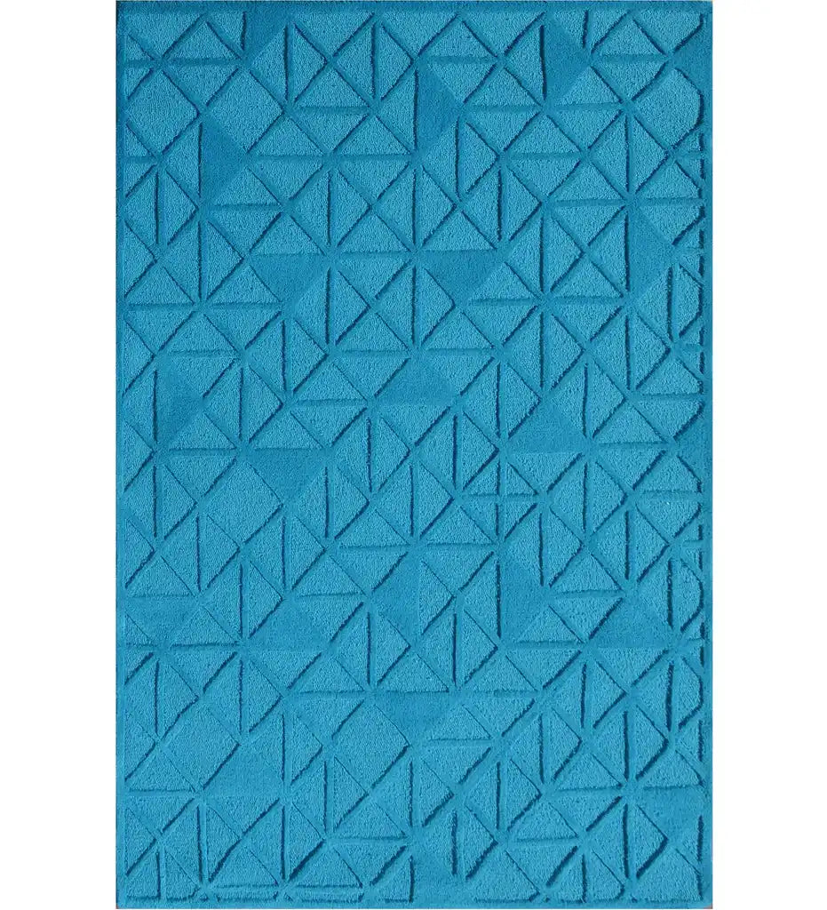 Solid blue rug with modern geometric triangle pattern and textured design