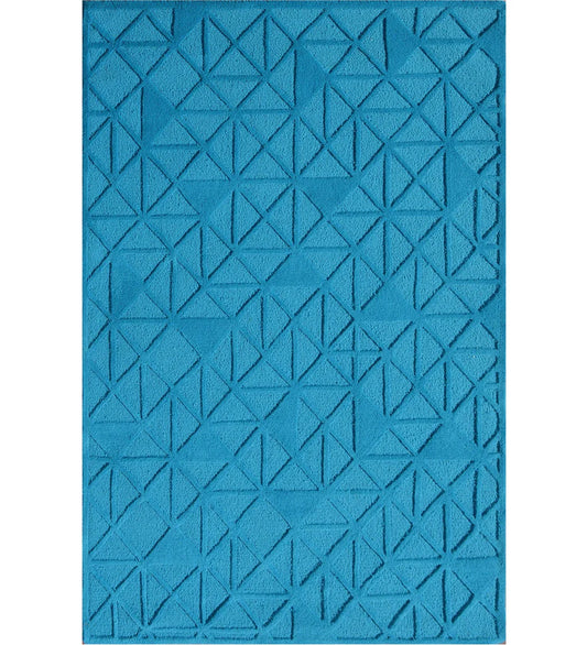 Modern blue hand-tufted wool rug with embossed geometric design