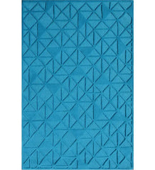 Solid blue rug with modern geometric triangle pattern and textured design