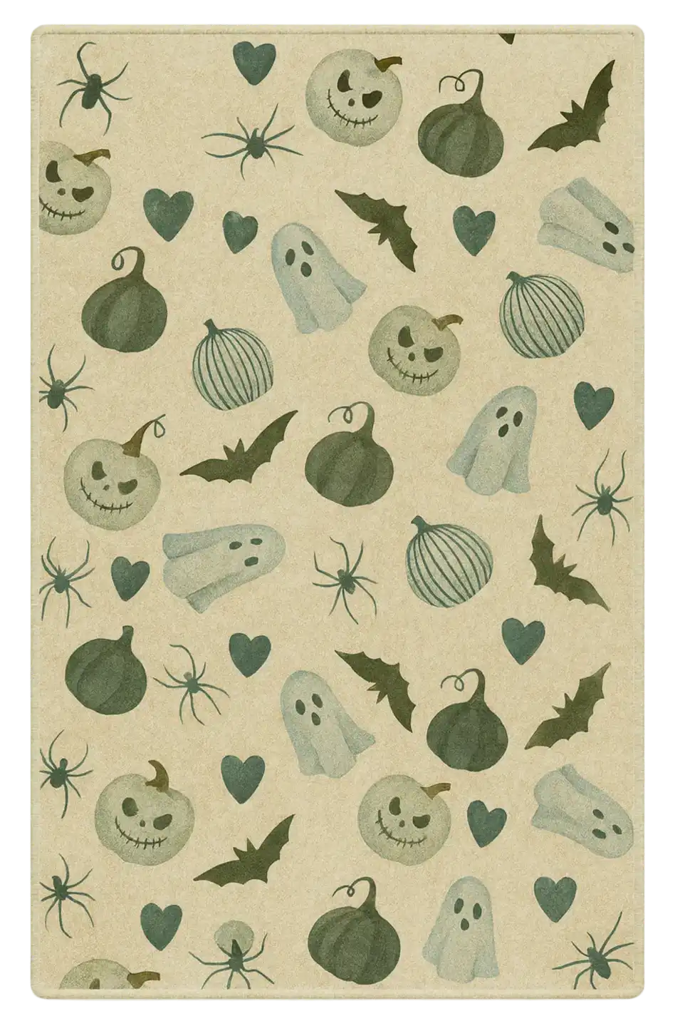 Halloween pattern rug with pumpkins, ghosts, bats, spiders, and hearts on beige background