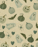 Spooky Halloween pattern rug with ghosts, pumpkins, bats, spiders, and hearts on beige background