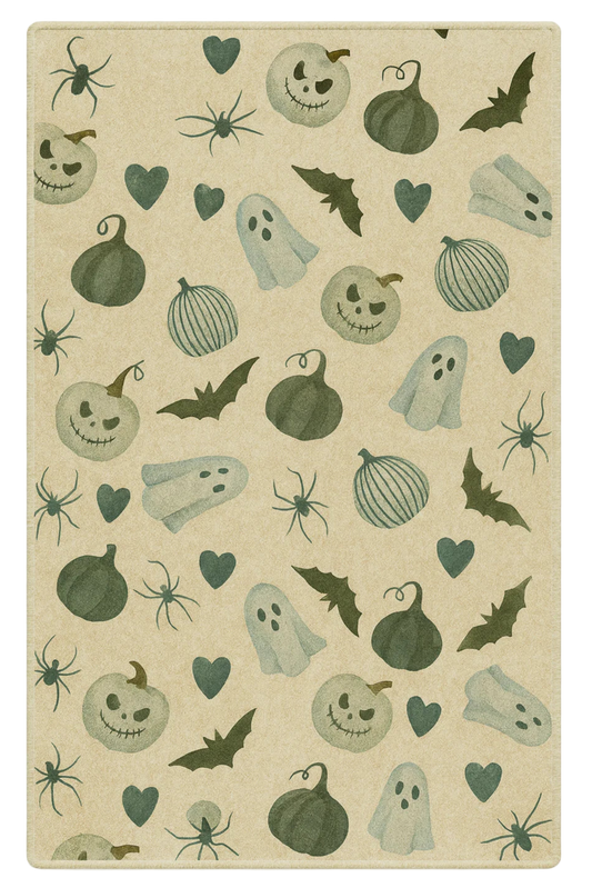 Halloween rug with ghosts, bats, spiders, and pumpkins machine washable.