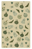 Halloween pattern rug with pumpkins, ghosts, bats, spiders, and hearts on beige background