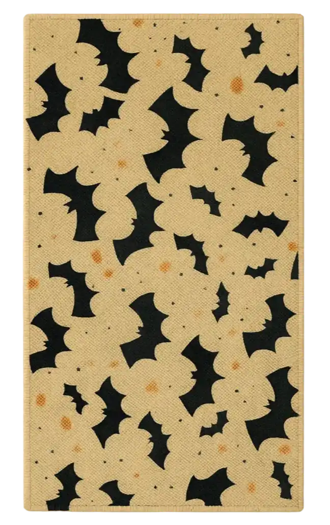 Halloween rug with scattered black bat silhouettes on beige background with orange spots