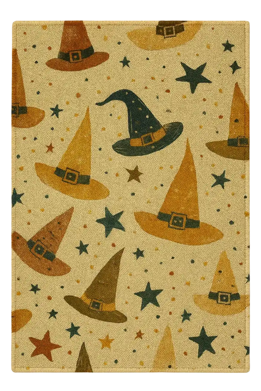 Halloween rug with assorted witch hats and stars in brown, orange, and black on beige background