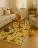 Cozy living room with Halloween rug featuring witch hats and stars, pumpkins on coffee table and floor