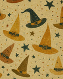 Halloween rug pattern with vintage witch hats and scattered stars in orange, black, and brown tones