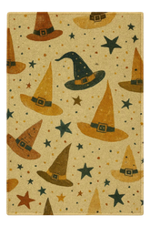 Halloween rug with witch hats and stars in festive fall colors.