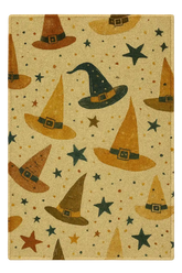 Halloween rug with witch hats and stars in festive fall colors.