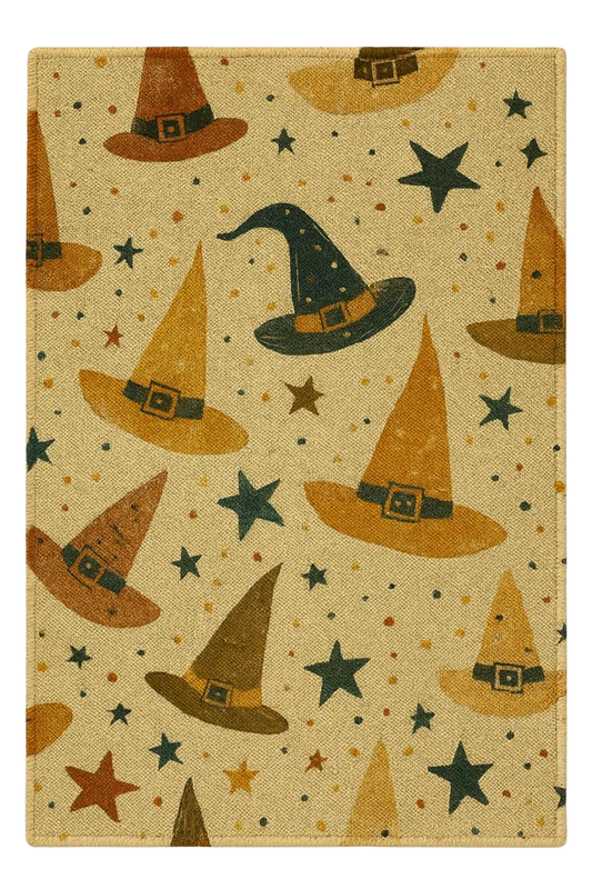Halloween rug with witch hats and stars in festive fall colors.