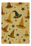 Halloween rug with assorted witch hats and stars in brown, orange, and black on beige background