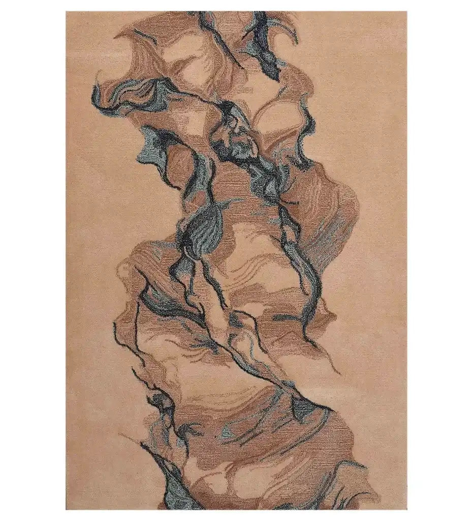 Taupe abstract river drift rug with flowing blue and brown organic patterns