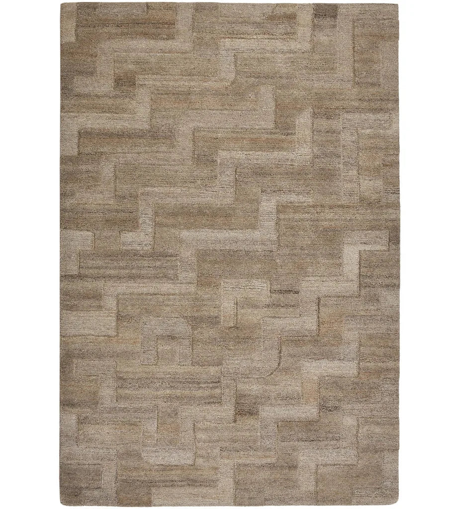 Hand-tufted wool rug with beige and taupe geometric block design