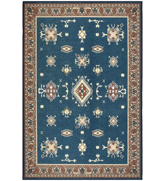 Teal blue rustic style machine washable rug.