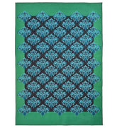 Teal damask style machine washable rug.