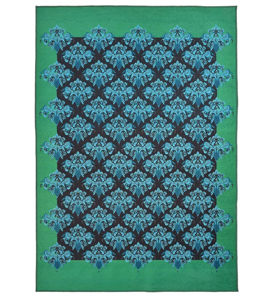 Teal damask style machine washable rug.
