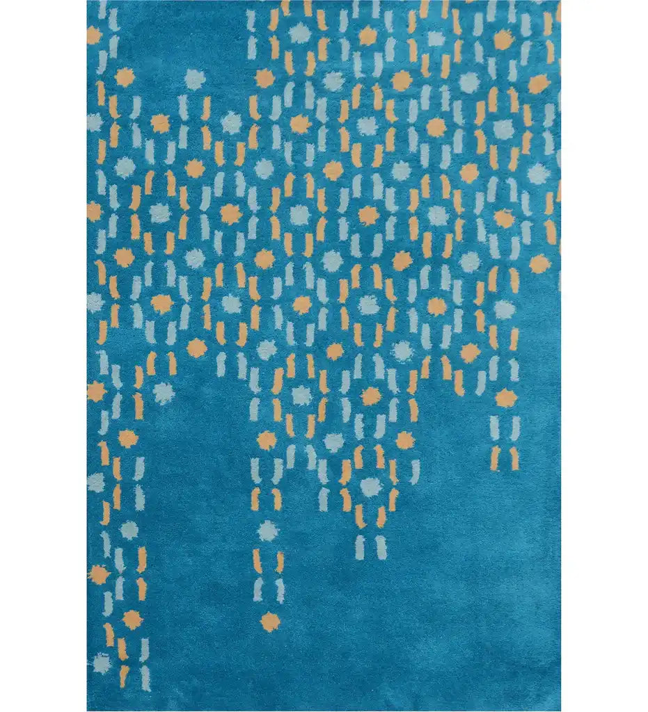 Teal abstract hand-tufted wool rug with golden yellow and blue dotted cascade