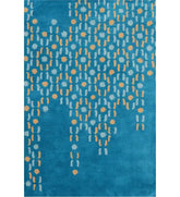 Teal abstract hand-tufted wool rug with golden yellow and blue dotted cascade